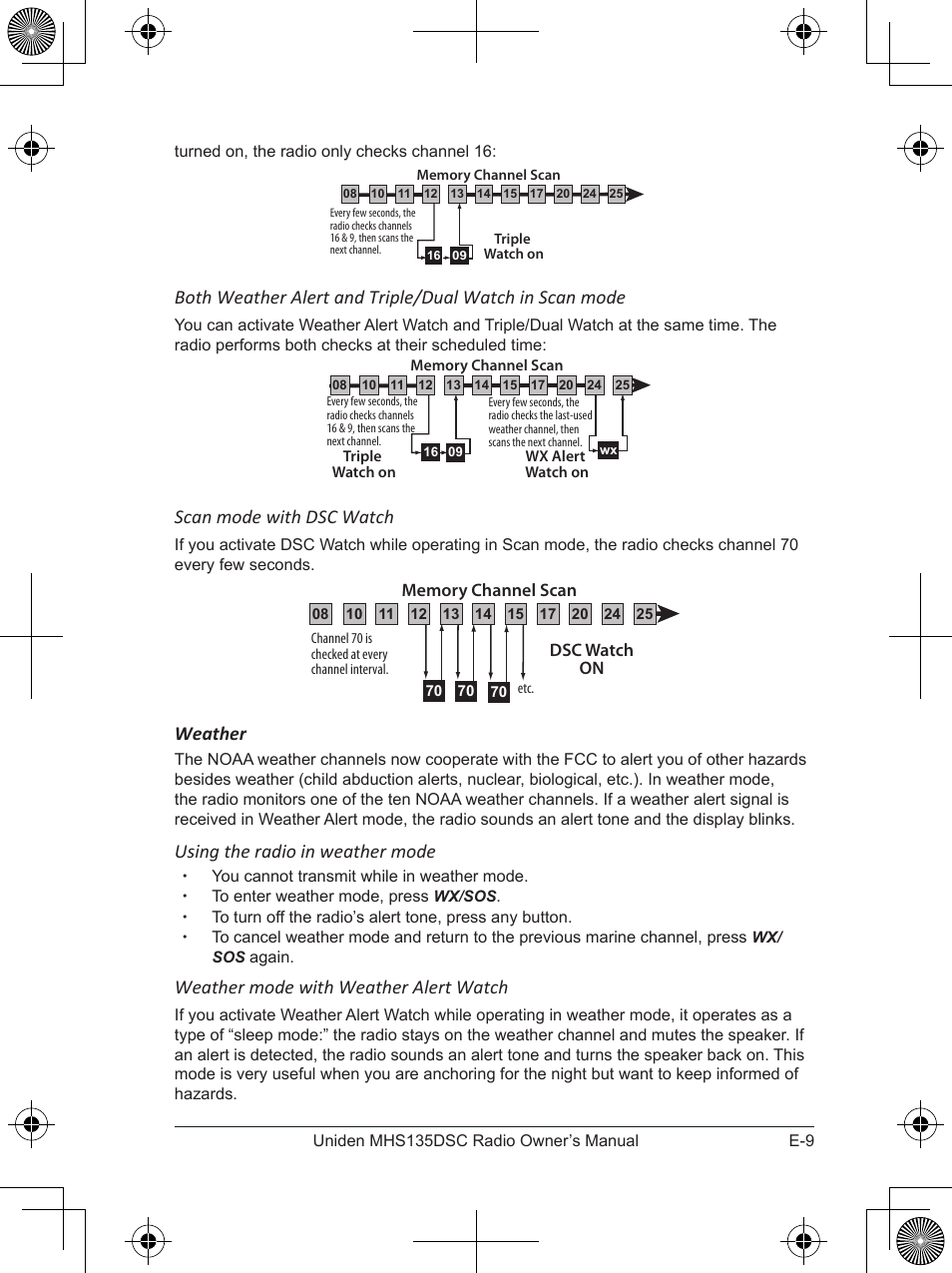 Scan mode with dsc watch, Weather, Using the radio in weather mode | Weather mode with weather alert watch, Dsc watch on | Uniden MHS135DSC User Manual | Page 13 / 42