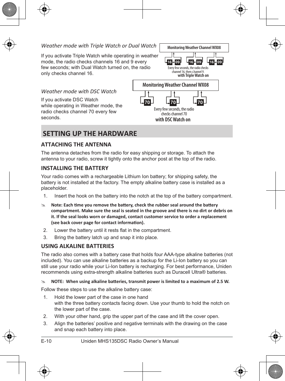 Setting up the hardware, Attaching the antenna, Installing the battery | Using alkaline batteries | Uniden MHS135DSC User Manual | Page 14 / 42