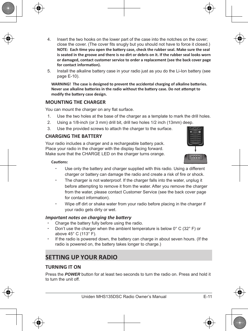 Setting up your radio, Mounting the charger, Charging the battery | Turning it on | Uniden MHS135DSC User Manual | Page 15 / 42