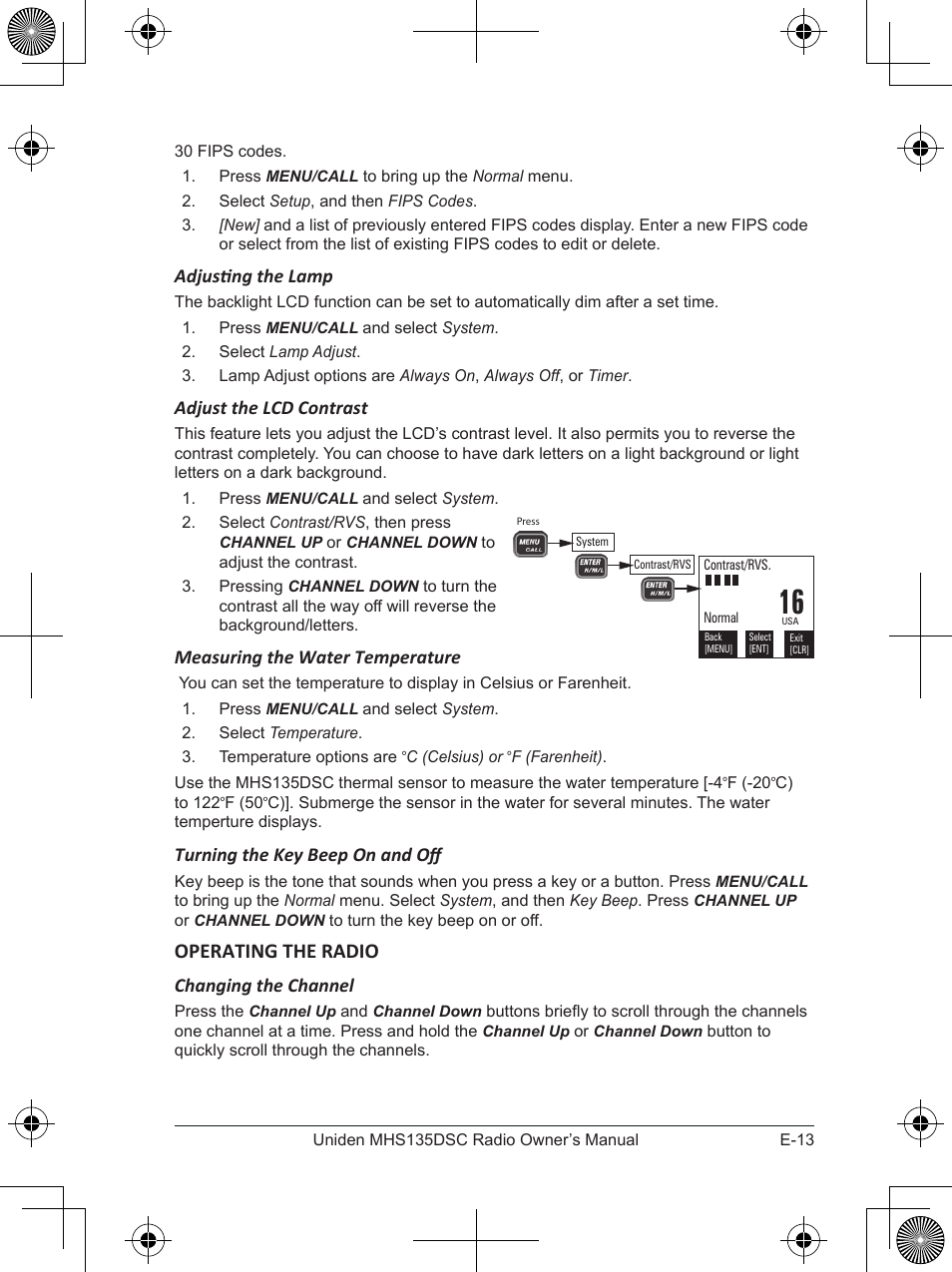 Operating the radio, Adjusting the lamp, Adjust the lcd contrast | Measuring the water temperature, Turning the key beep on and off, Changing the channel | Uniden MHS135DSC User Manual | Page 17 / 42