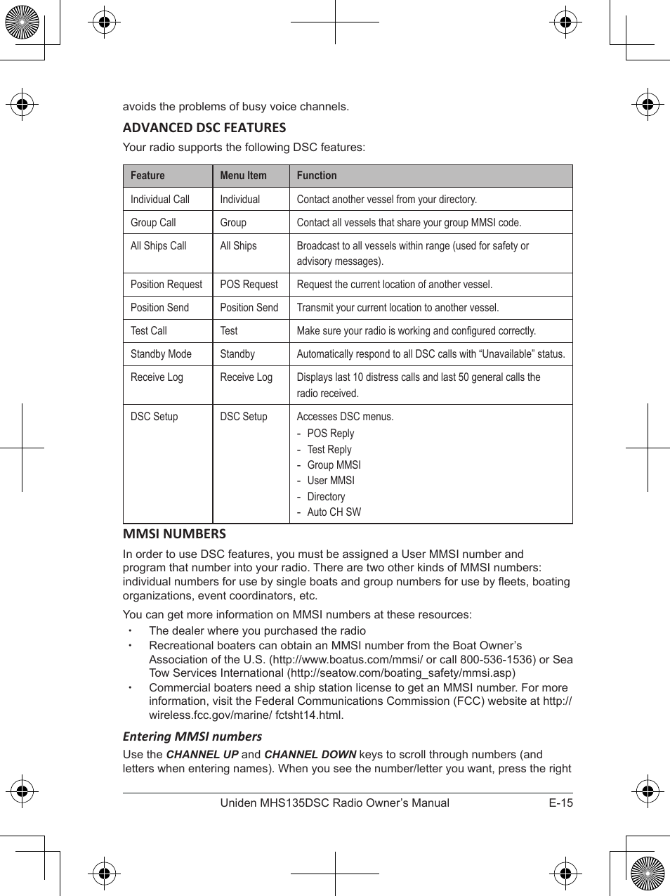 Advanced dsc features, Mmsi numbers | Uniden MHS135DSC User Manual | Page 19 / 42