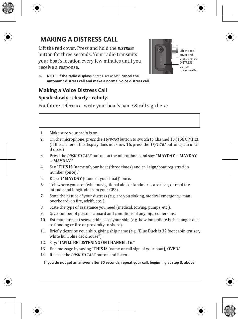 Making a distress call, Making a voice distress call, Lift the red cover. press and hold the | Uniden MHS135DSC User Manual | Page 2 / 42