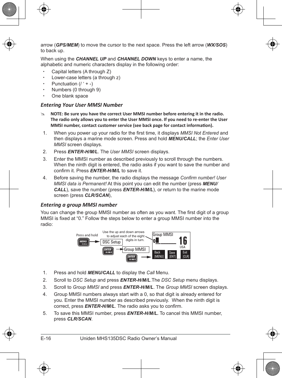 Entering your user mmsi number, Entering a group mmsi number | Uniden MHS135DSC User Manual | Page 20 / 42