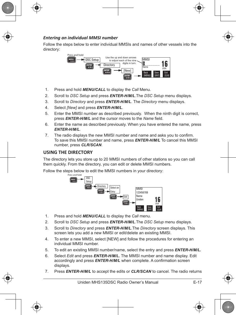 Using the directory, Entering an individual mmsi number | Uniden MHS135DSC User Manual | Page 21 / 42