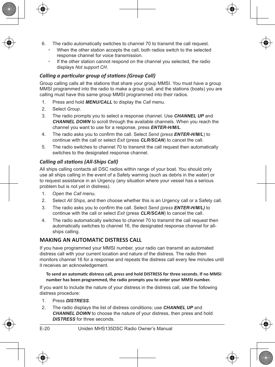 Making an automatic distress call | Uniden MHS135DSC User Manual | Page 24 / 42