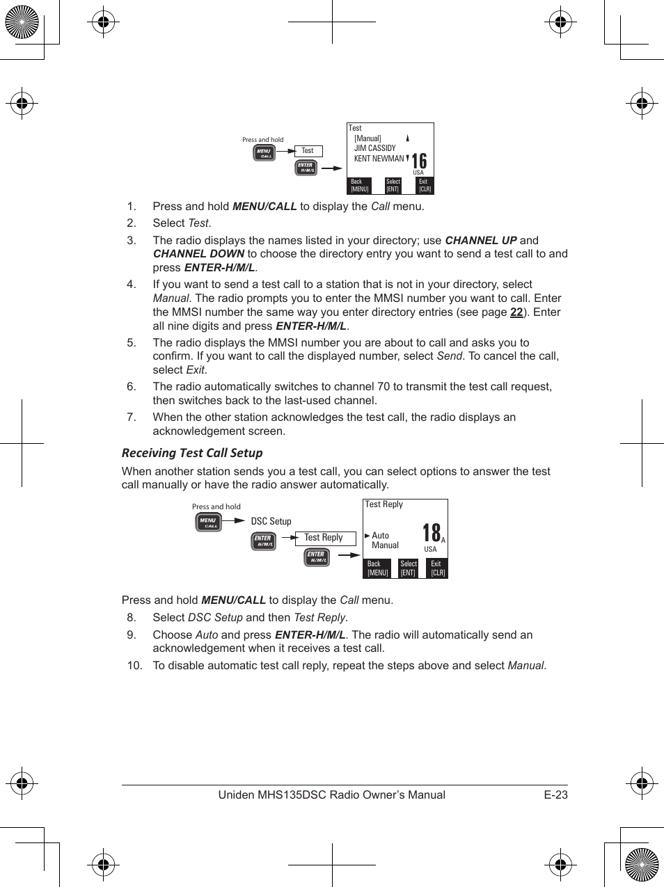 Receiving test call setup | Uniden MHS135DSC User Manual | Page 27 / 42