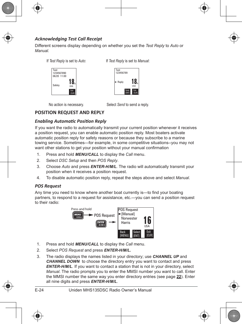 Position request and reply, Acknowledging test call receipt, Enabling automatic position reply | Pos request | Uniden MHS135DSC User Manual | Page 28 / 42