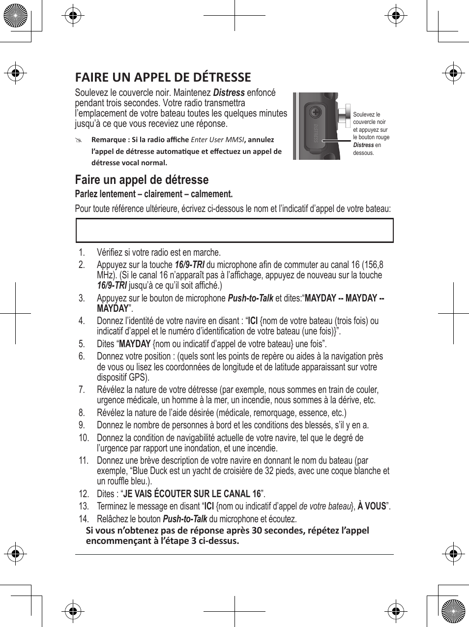 Faire un appel de détresse | Uniden MHS135DSC User Manual | Page 3 / 42