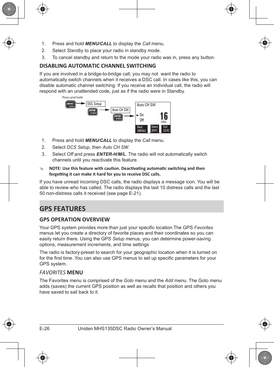 Gps features, Disabling automatic channel switching, Gps operation overview | Favorites menu | Uniden MHS135DSC User Manual | Page 30 / 42