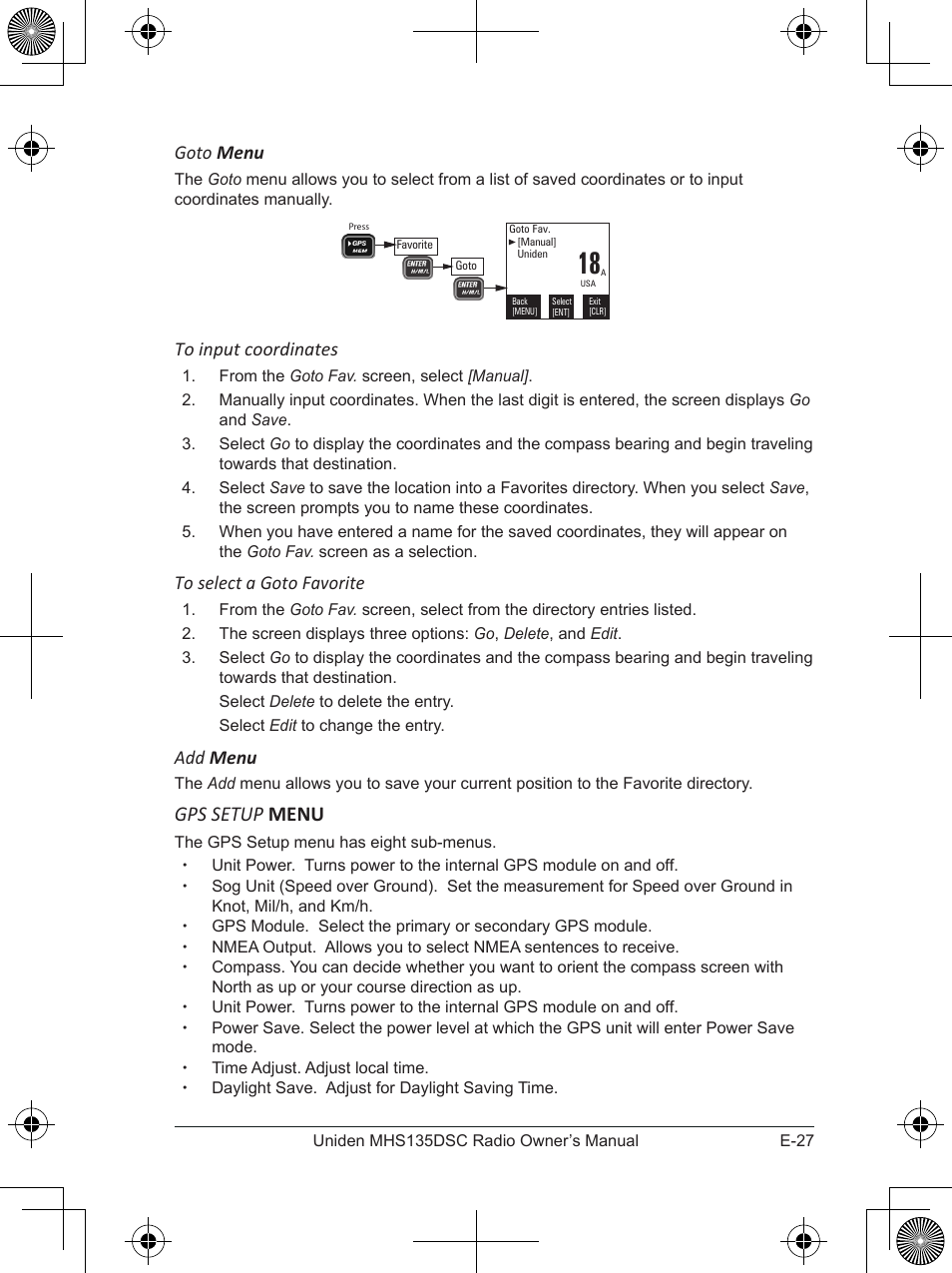 Gps setup menu, Goto menu, Add menu | Uniden MHS135DSC User Manual | Page 31 / 42