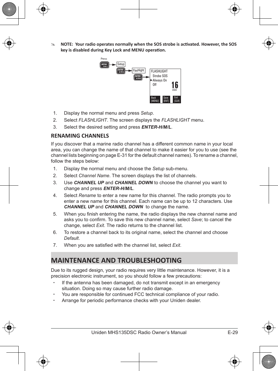 Maintenance and troubleshooting, Renaming channels | Uniden MHS135DSC User Manual | Page 33 / 42