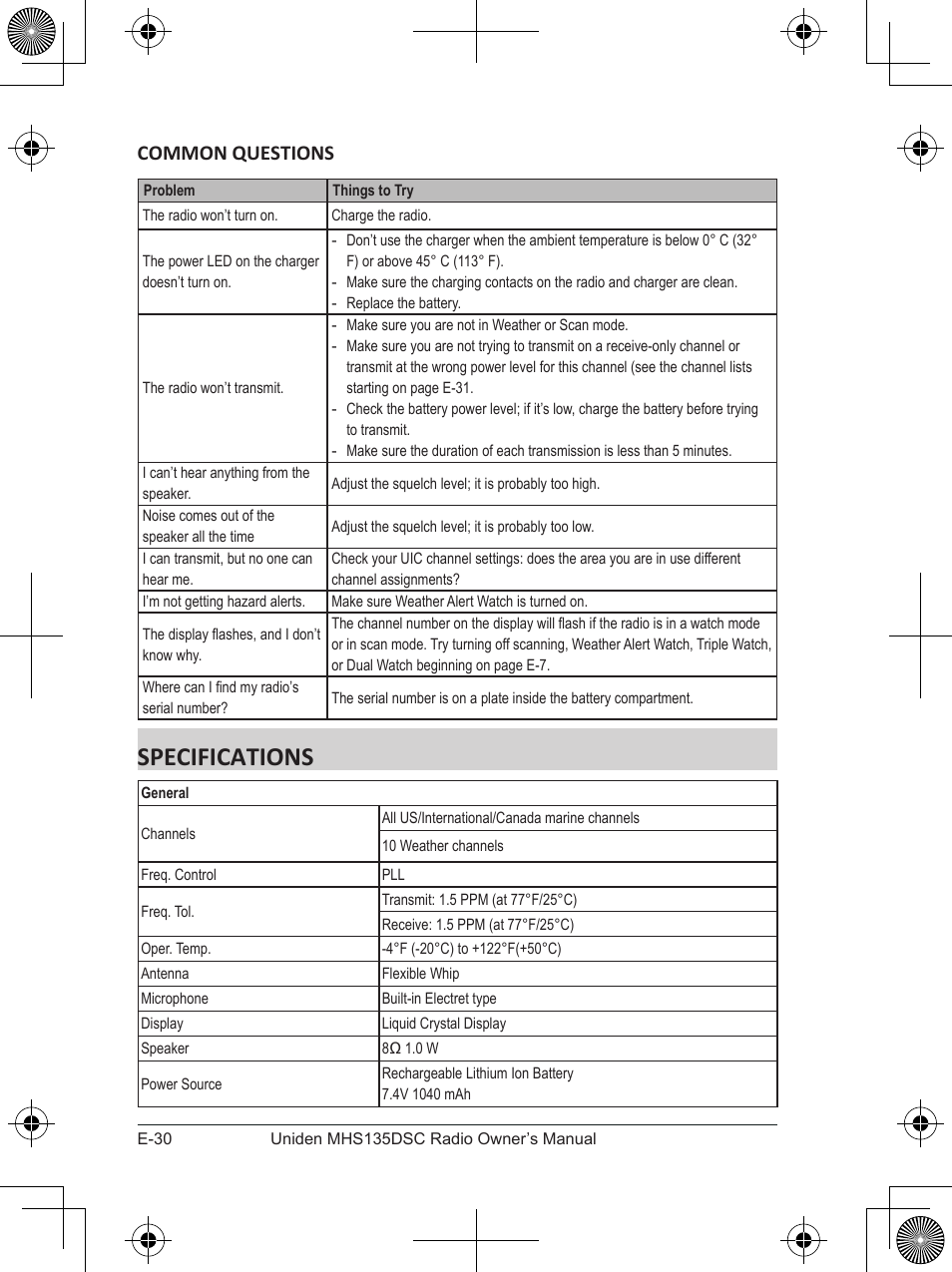 Specifications, Common questions | Uniden MHS135DSC User Manual | Page 34 / 42