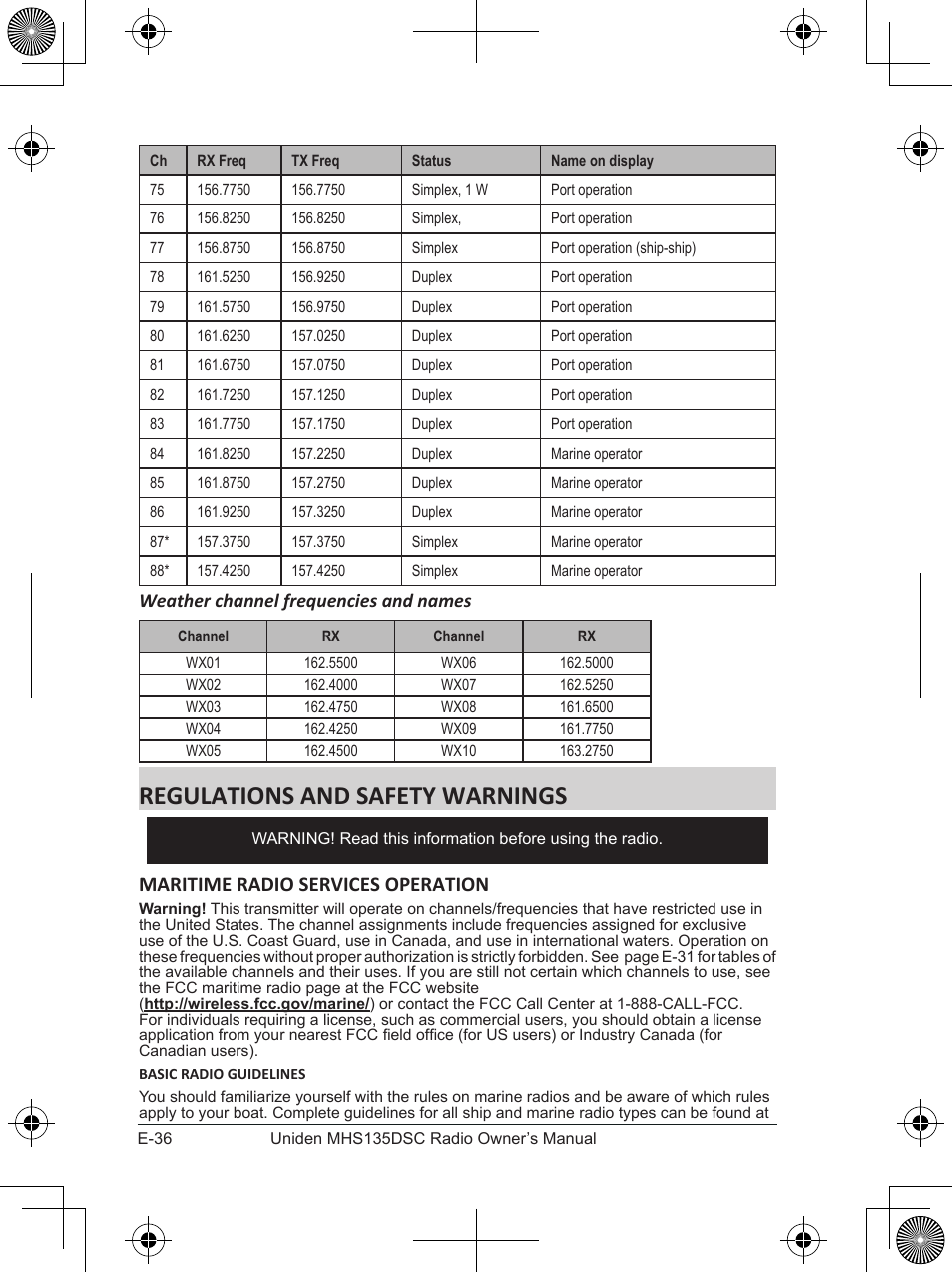 Regulations and safety warnings, Maritime radio services operation, Weather channel frequencies and names | Uniden MHS135DSC User Manual | Page 40 / 42
