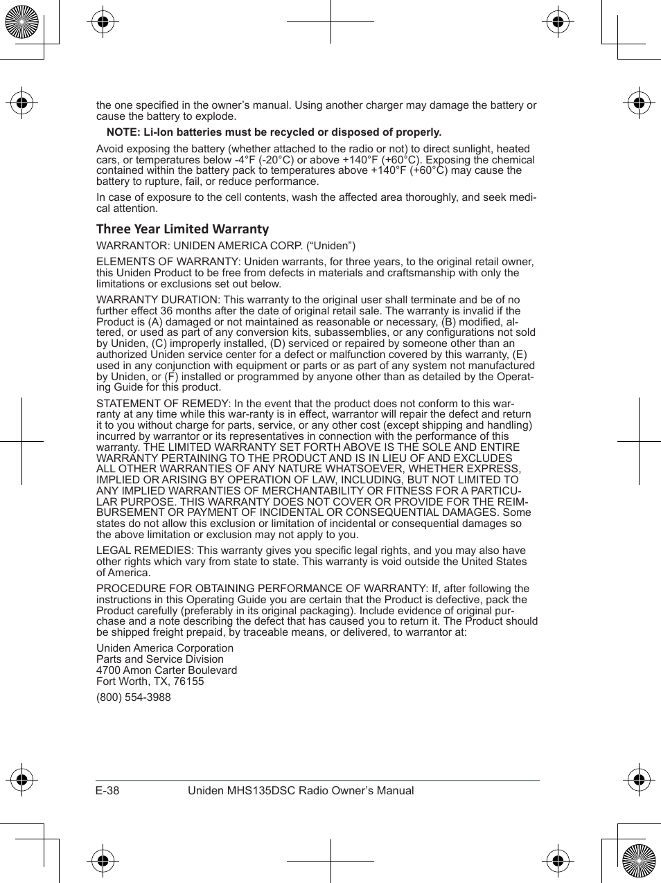 Three year limited warranty | Uniden MHS135DSC User Manual | Page 42 / 42