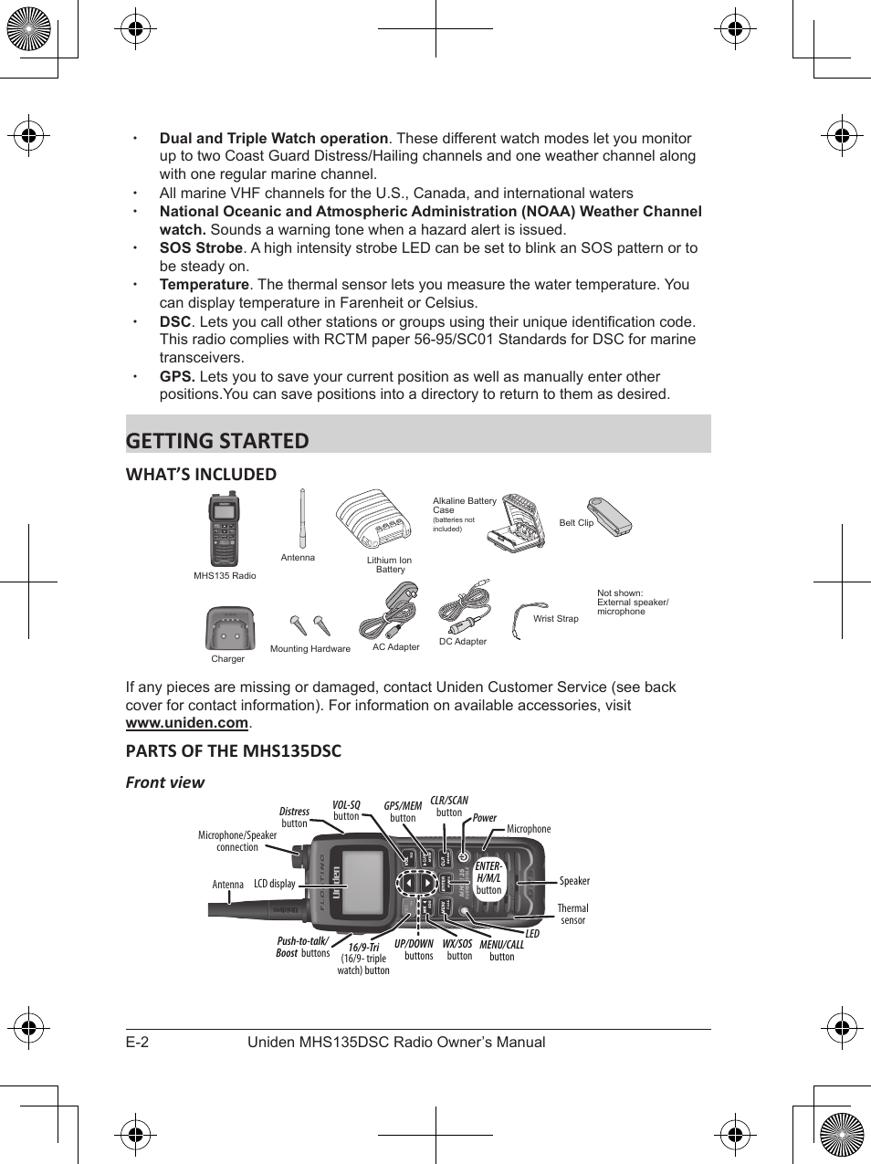 Getting started, What’s included, Parts of the mhs135dsc | Front view | Uniden MHS135DSC User Manual | Page 6 / 42