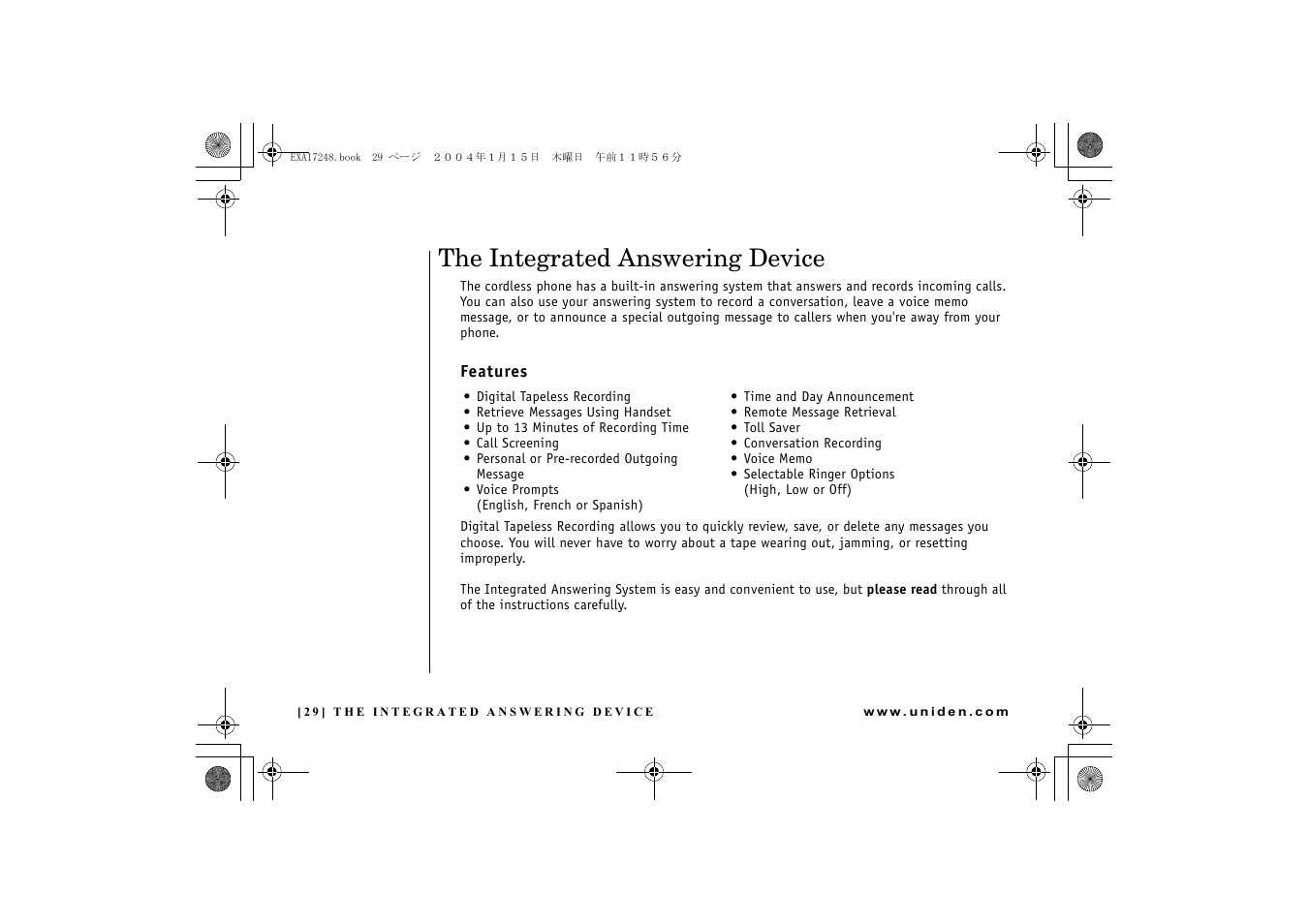 The integrated answering device, Features | Uniden EXAI 7248 User Manual | Page 30 / 68