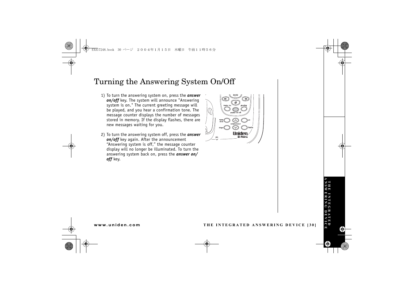 Turning the answering system on/off | Uniden EXAI 7248 User Manual | Page 31 / 68