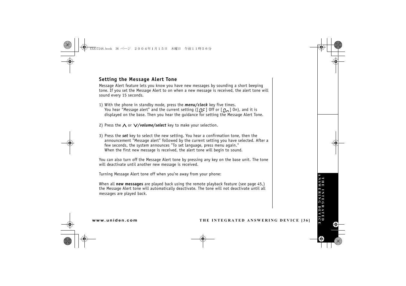 Setting the message alert tone | Uniden EXAI 7248 User Manual | Page 37 / 68