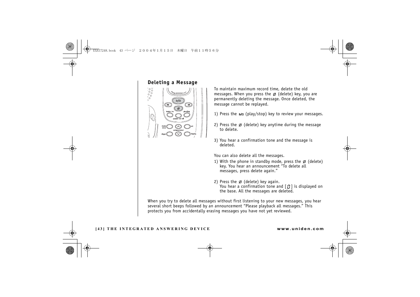 Deleting a message | Uniden EXAI 7248 User Manual | Page 44 / 68