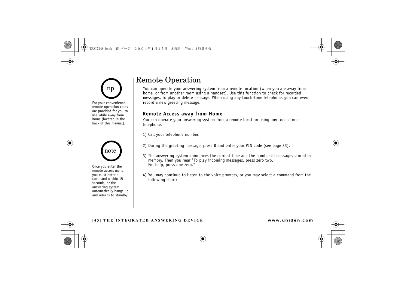 Remote operation | Uniden EXAI 7248 User Manual | Page 46 / 68