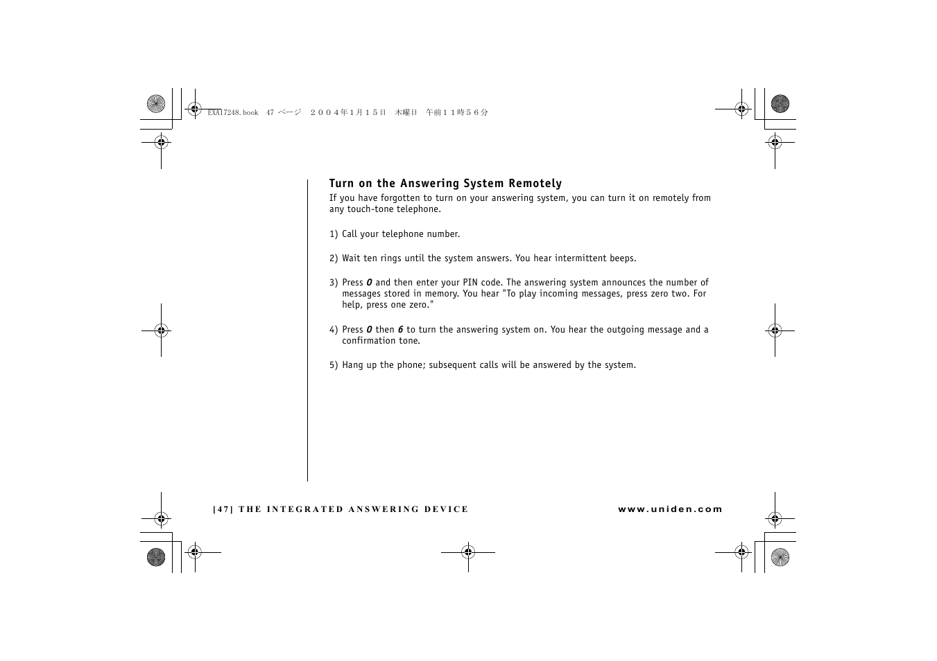 Turn on the answering system remotely | Uniden EXAI 7248 User Manual | Page 48 / 68