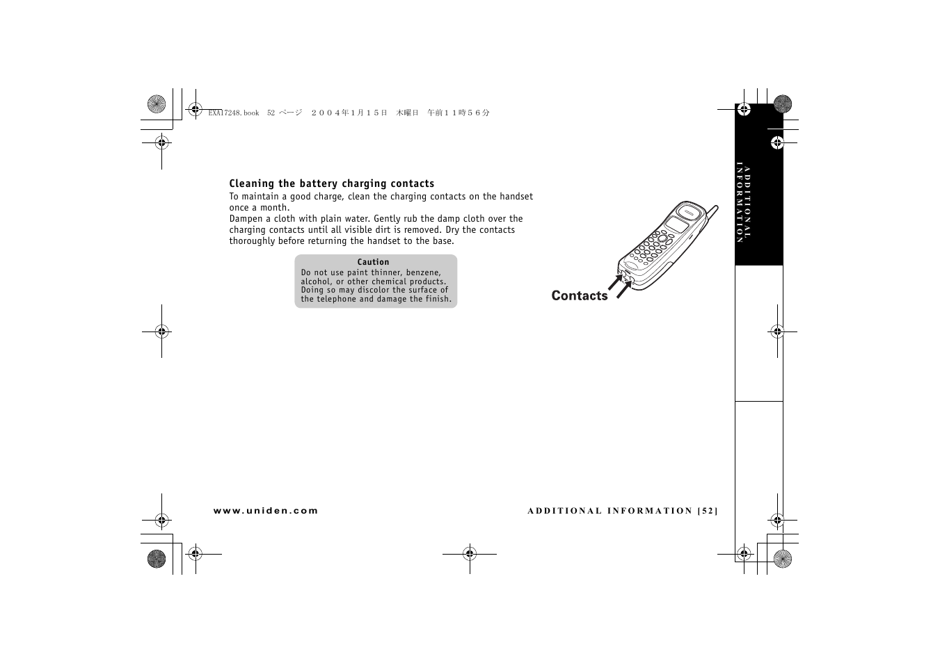 Cleaning the battery charging contacts | Uniden EXAI 7248 User Manual | Page 53 / 68