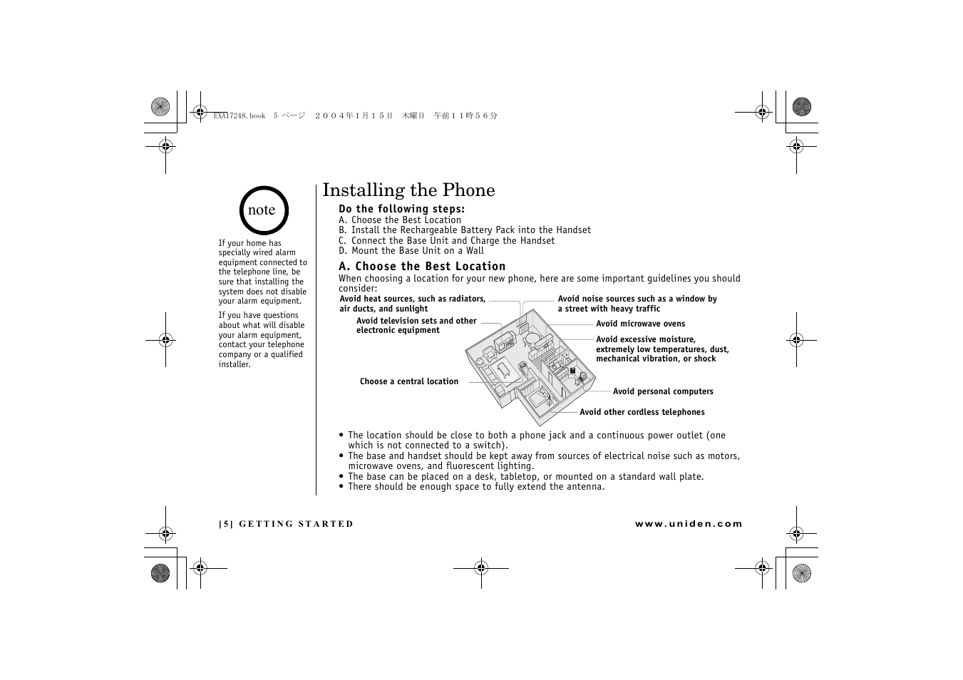 Installing the phone, A. choose the best location | Uniden EXAI 7248 User Manual | Page 6 / 68