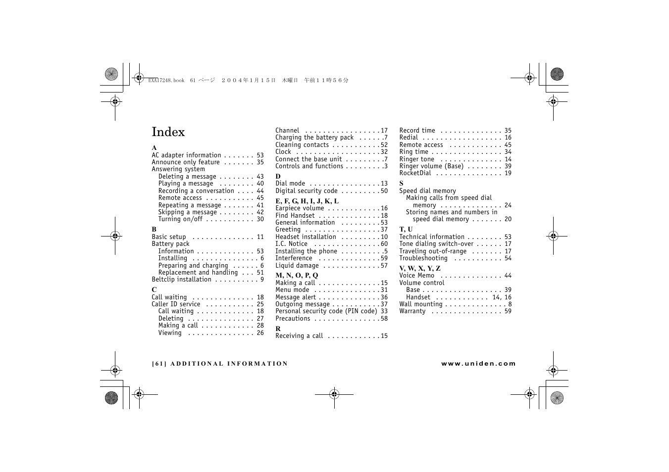 Index 61, Index | Uniden EXAI 7248 User Manual | Page 62 / 68