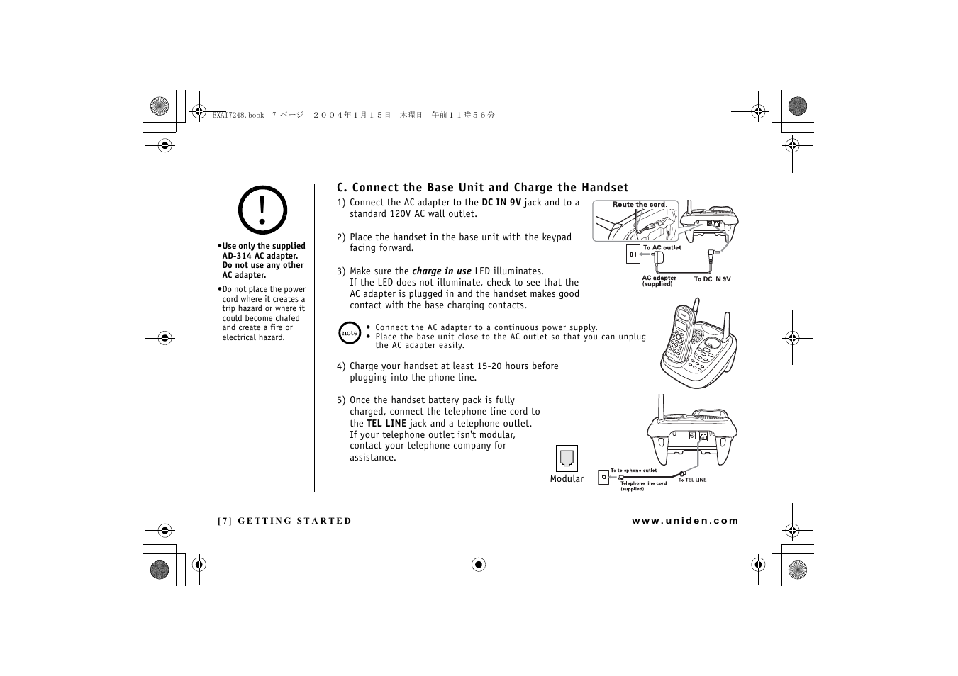 C. connect the base unit and charge the handset | Uniden EXAI 7248 User Manual | Page 8 / 68