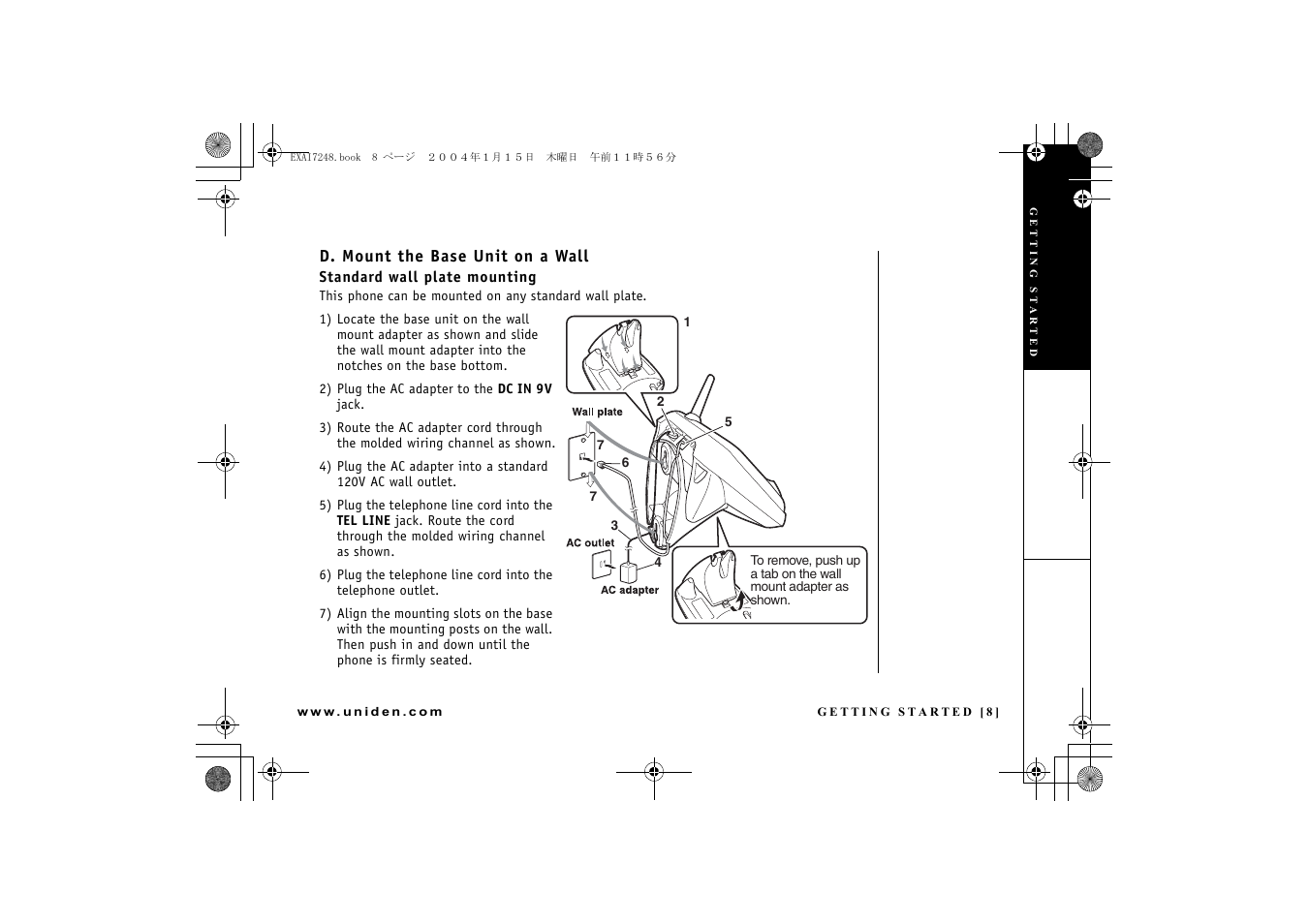D. mount the base unit on a wall | Uniden EXAI 7248 User Manual | Page 9 / 68