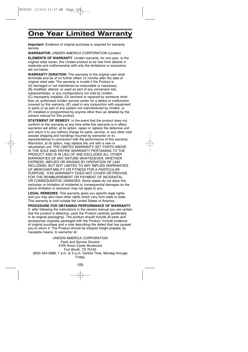 One year limited warranty | Uniden BC250D User Manual | Page 109 / 110