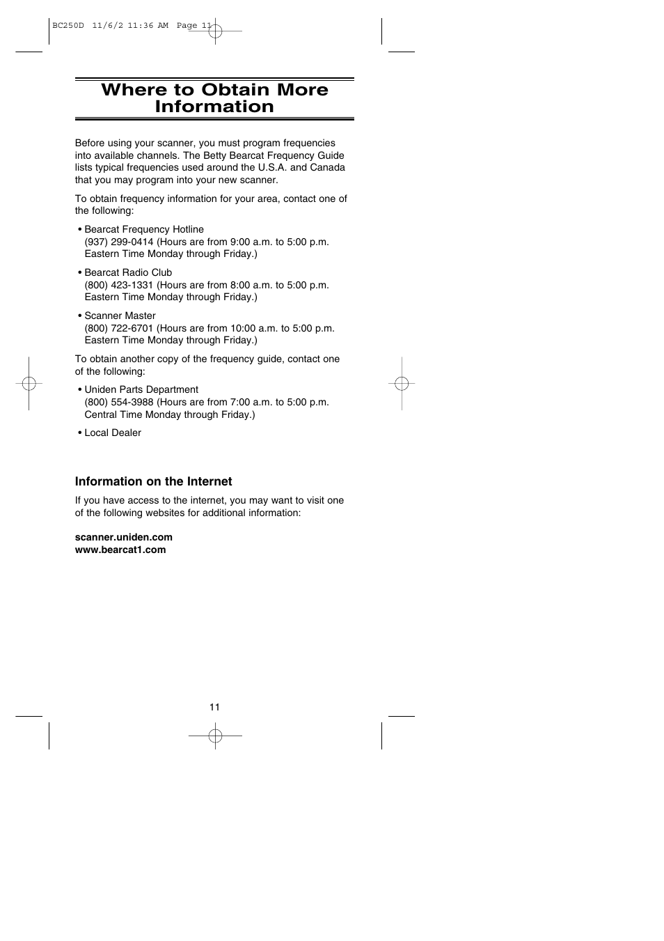 Where to obtain more information | Uniden BC250D User Manual | Page 15 / 110