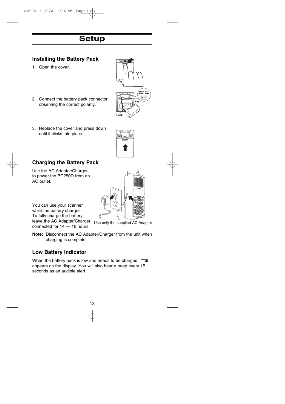 Setup, Installing the battery pack, Charging the battery pack | Low battery indicator | Uniden BC250D User Manual | Page 17 / 110
