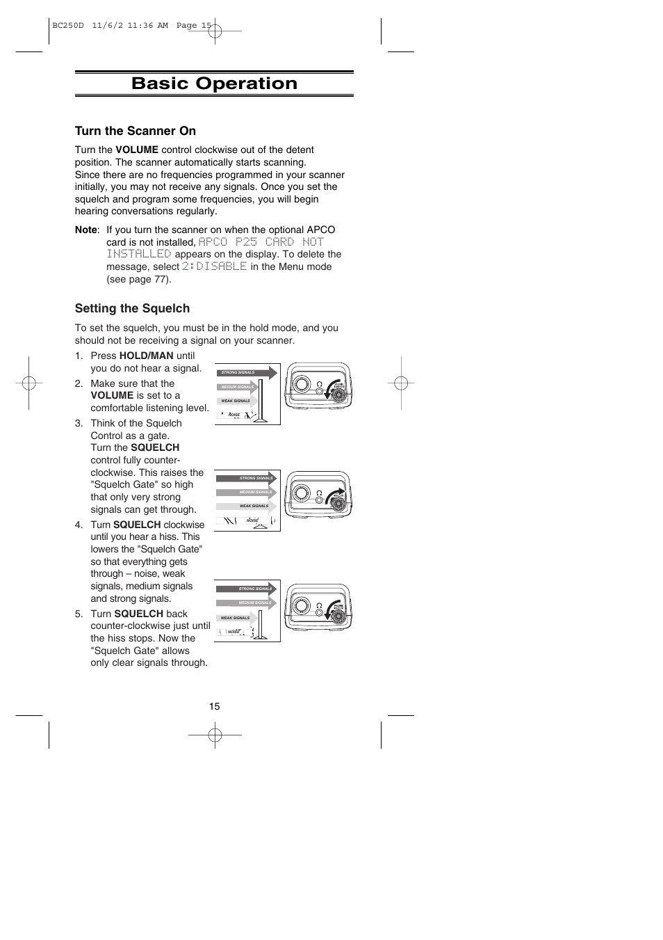 Basic operation, Turn the scanner on, Setting the squelch | Uniden BC250D User Manual | Page 19 / 110