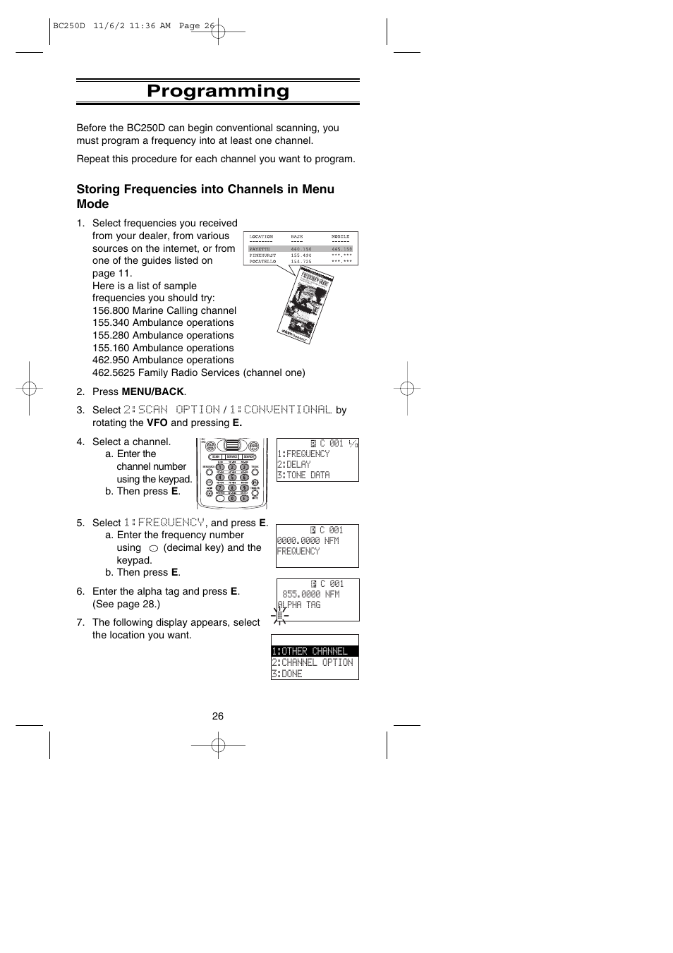 Programming, Storing frequencies into channels in menu mode, Other channel 2:channel option 3:done | Uniden BC250D User Manual | Page 30 / 110