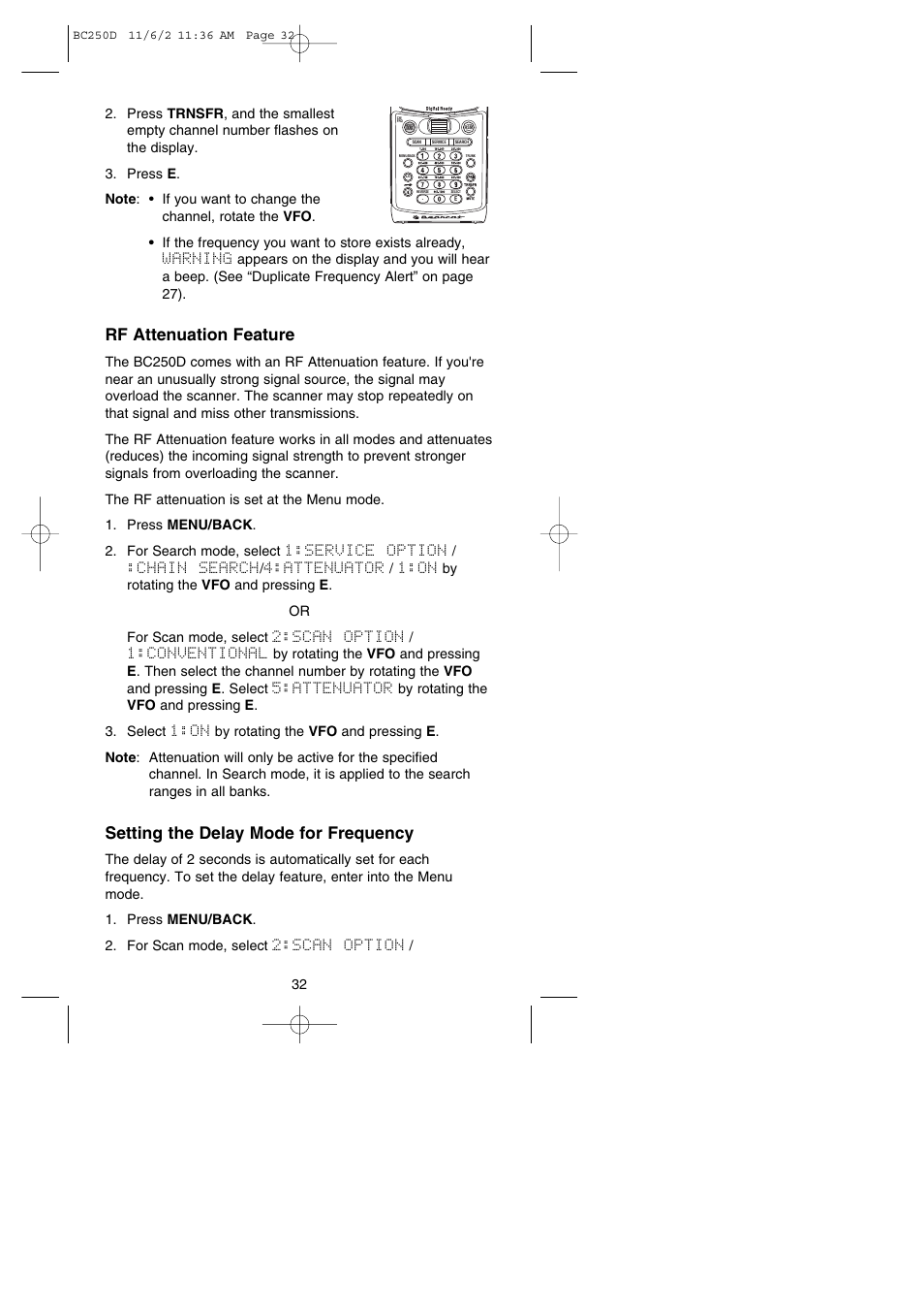 Rf attenuation feature, Setting the delay mode for frequency | Uniden BC250D User Manual | Page 36 / 110