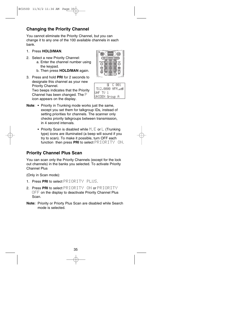 Changing the priority channel, Priority channel plus scan | Uniden BC250D User Manual | Page 39 / 110
