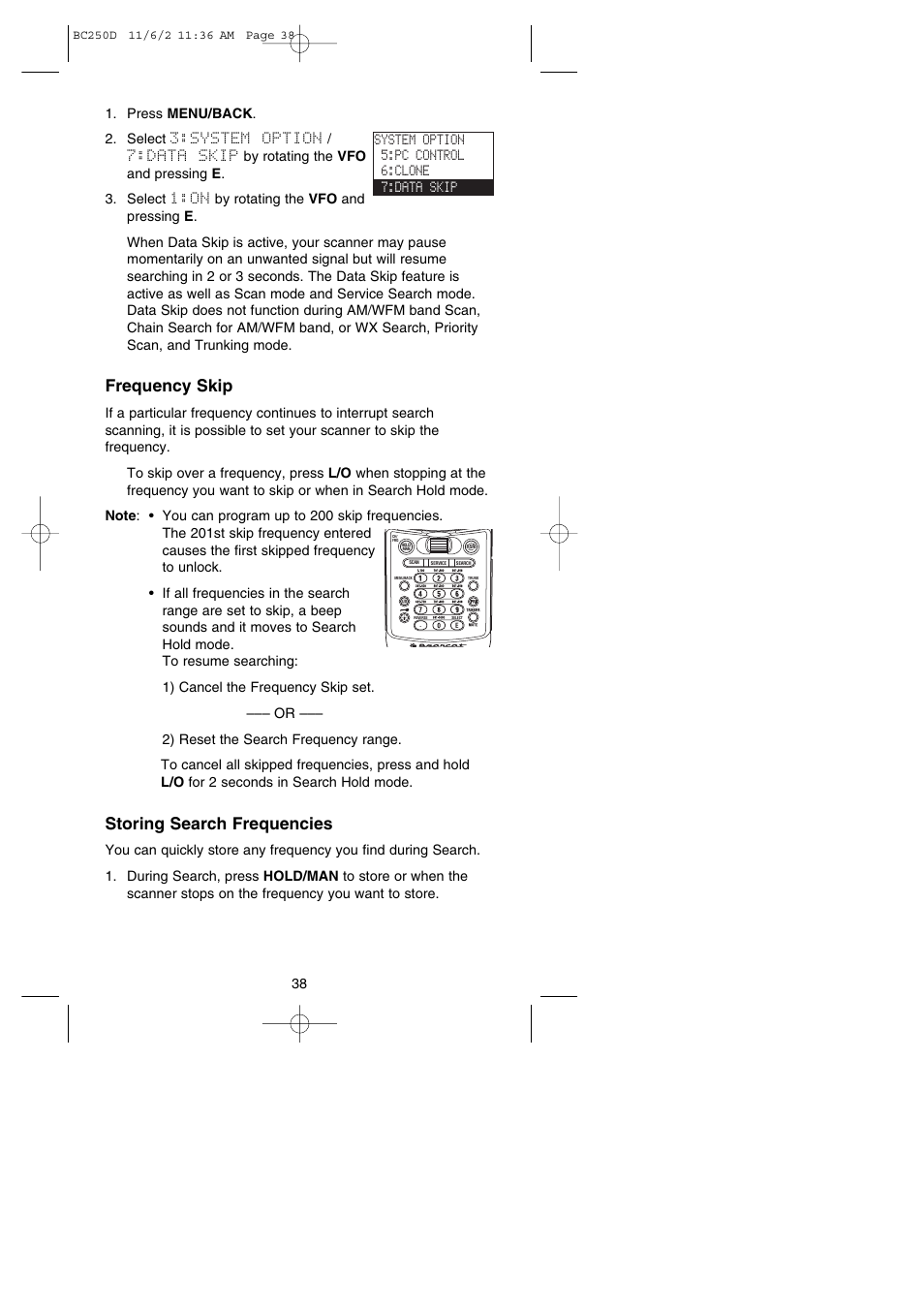 Frequency skip, Storing search frequencies, System option 5:pc control 6:clone 7:data skip | Uniden BC250D User Manual | Page 42 / 110