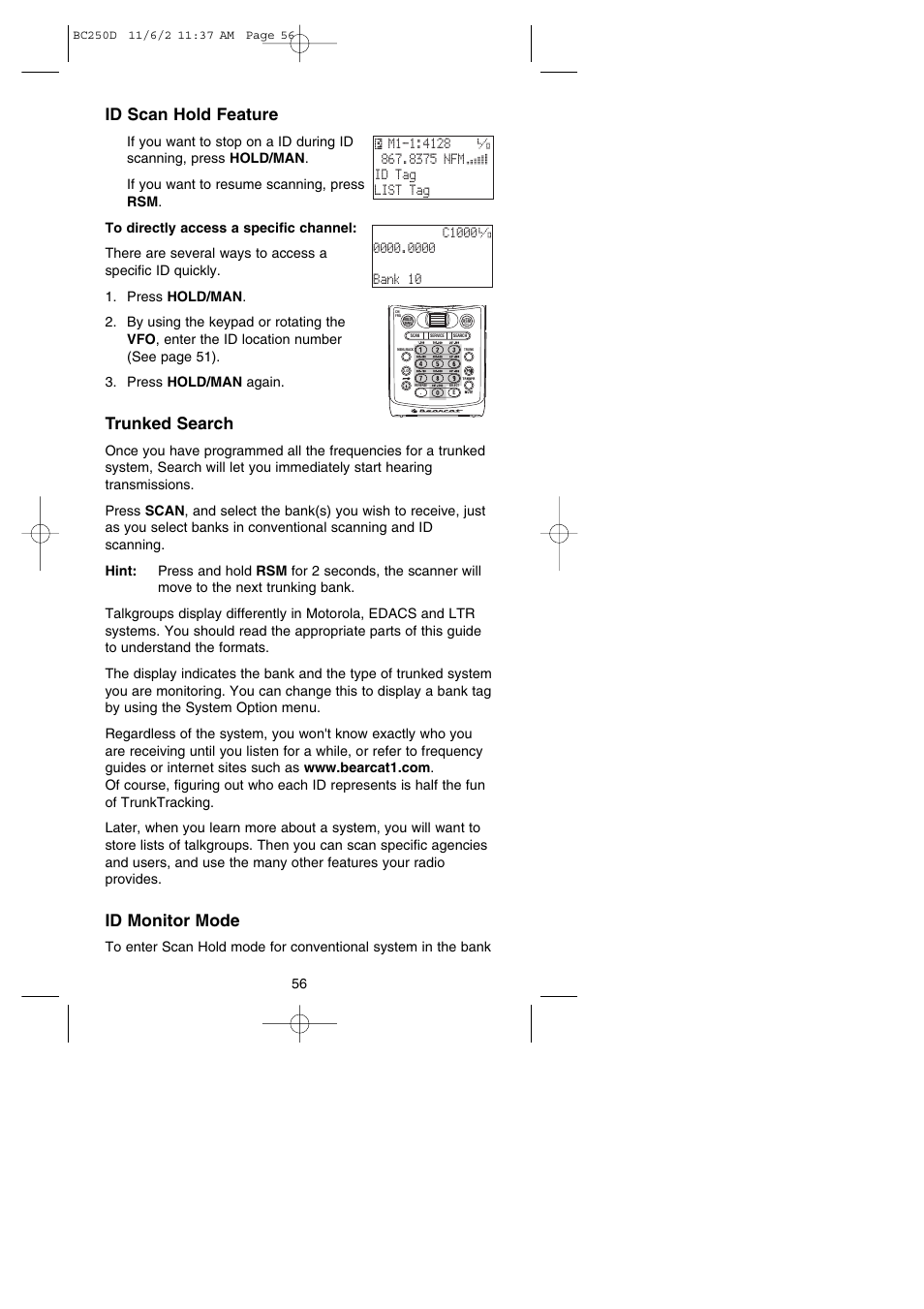 Id scan hold feature, Trunked search, Id monitor mode | Uniden BC250D User Manual | Page 60 / 110