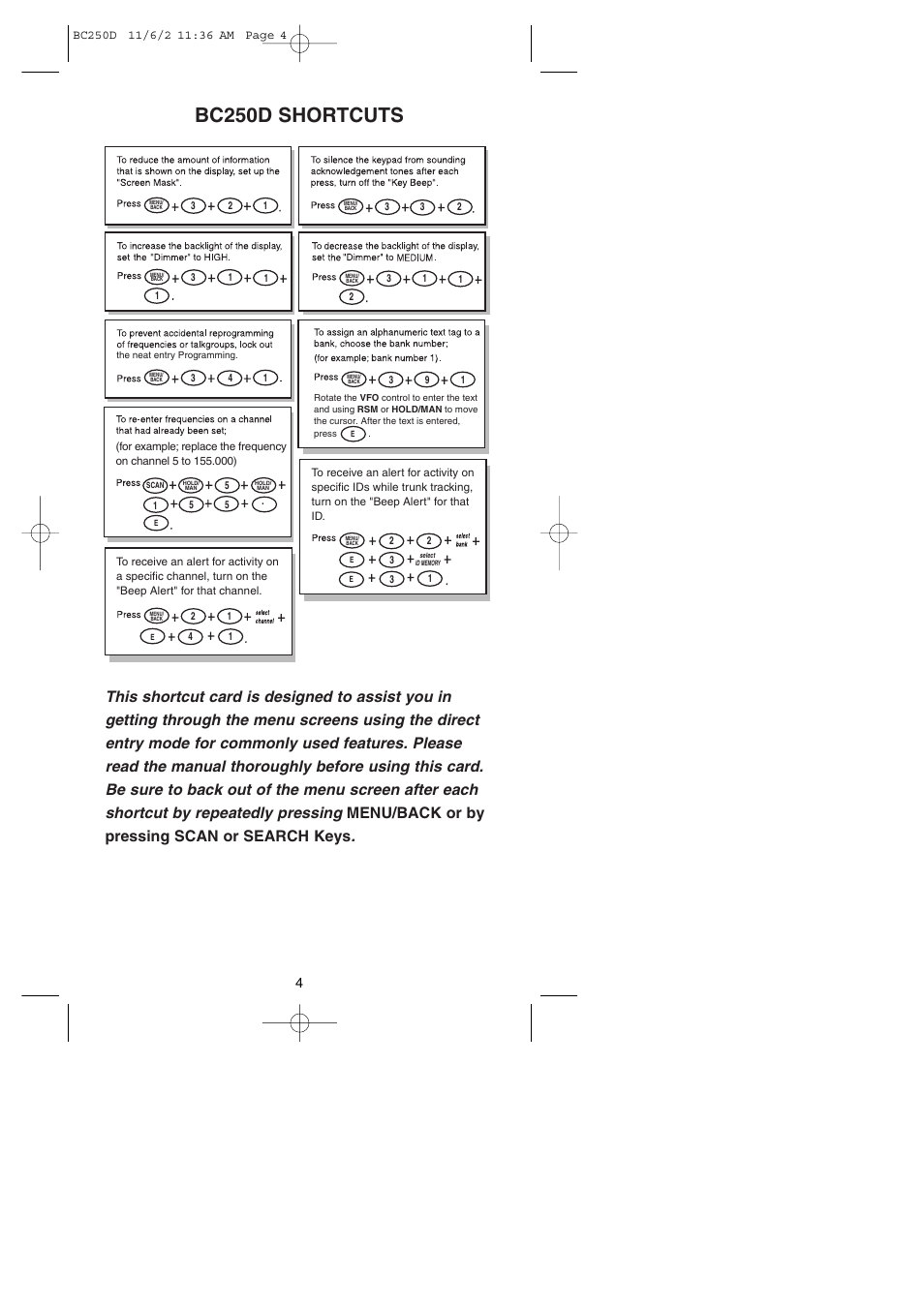 Bc250d shortcuts | Uniden BC250D User Manual | Page 8 / 110