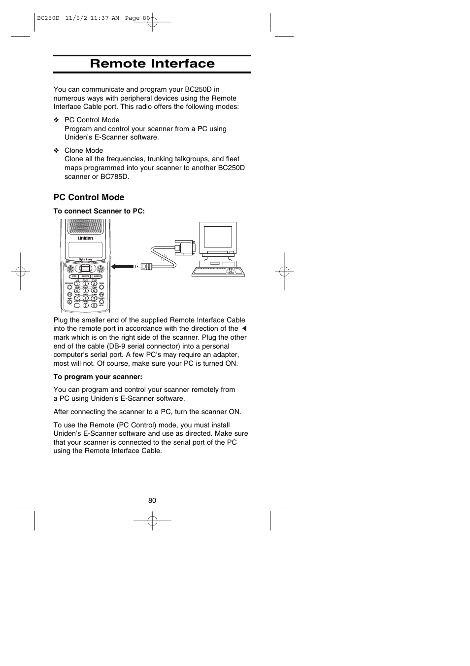 Remote interface, Pc control mode | Uniden BC250D User Manual | Page 84 / 110