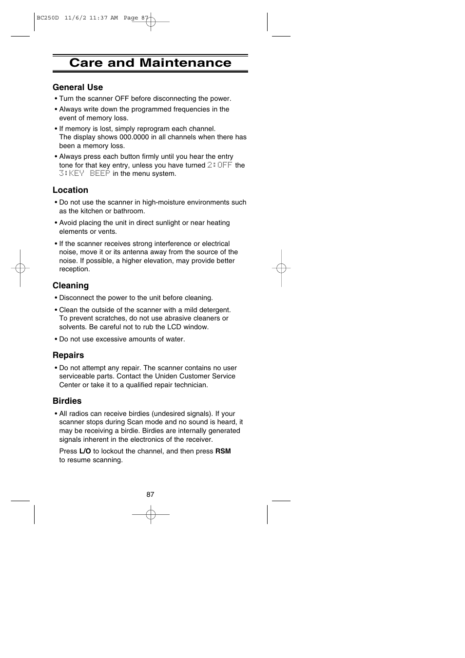 Care and maintenance | Uniden BC250D User Manual | Page 91 / 110