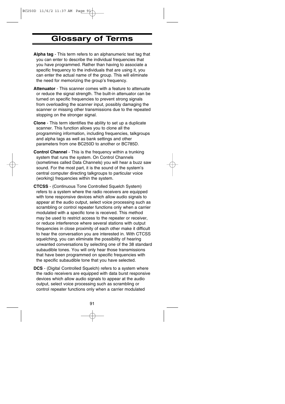 Glossary of terms | Uniden BC250D User Manual | Page 95 / 110