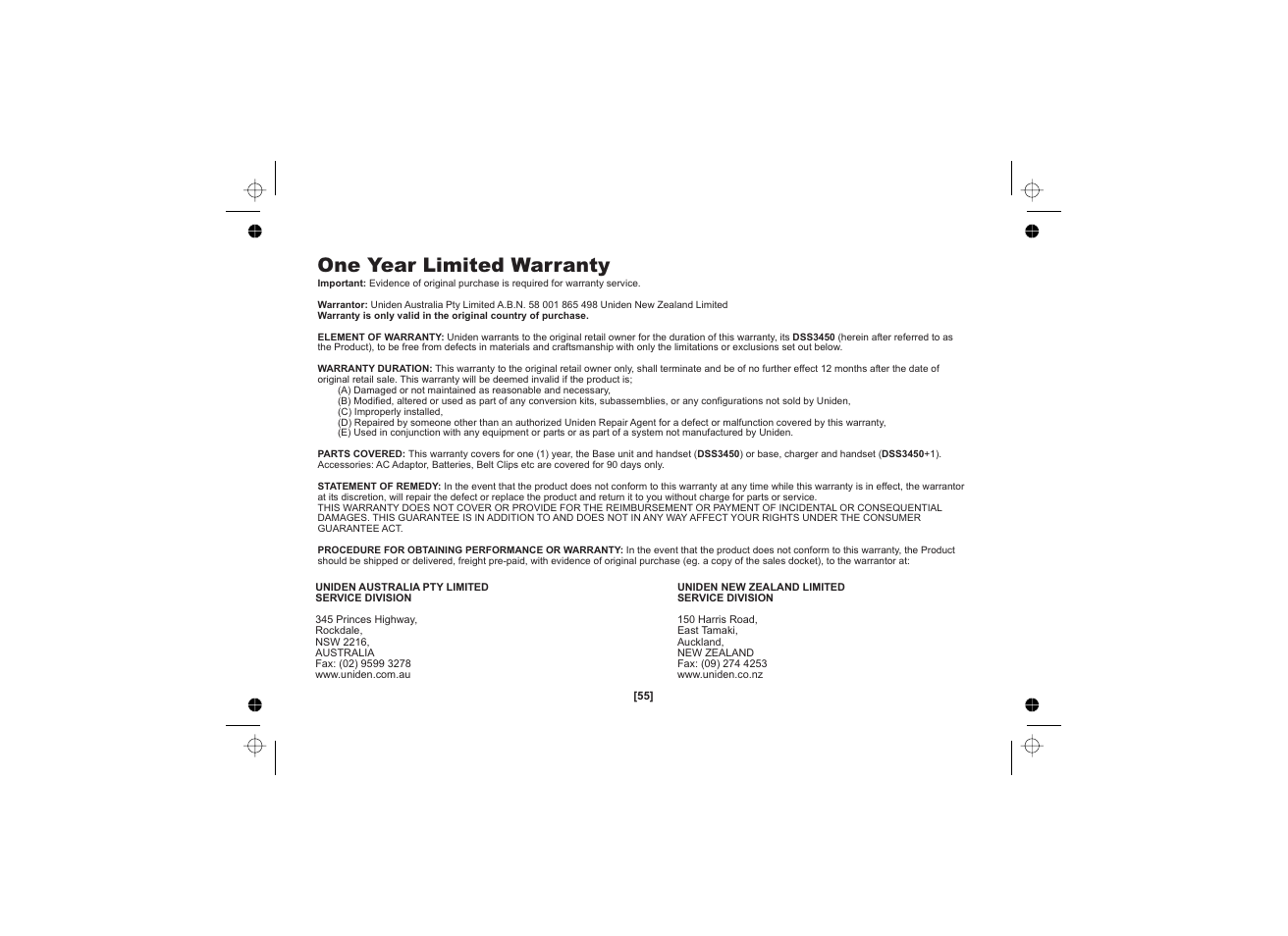 One year limited warranty | Uniden DSS3450 User Manual | Page 55 / 56