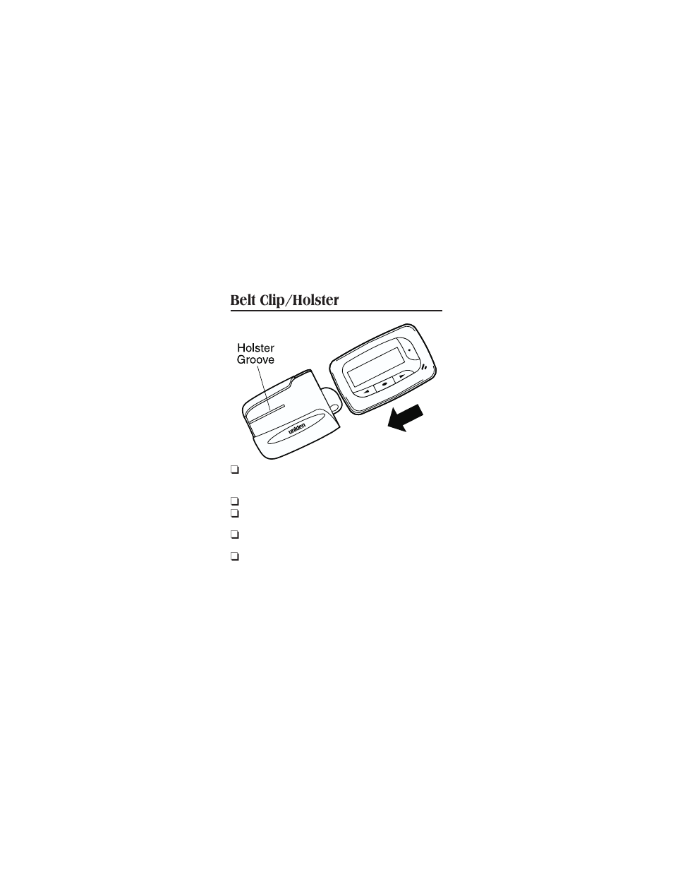 Installing and using a battery 8, Installing the battery 8, Belt clip/holster | Uniden CONTAQ 1 ALP 9080 User Manual | Page 8 / 37