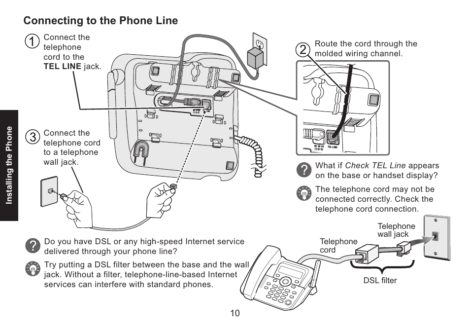 Connecting to the phone line, Connecting.to.the.phone.line | Uniden DECT1588 User Manual | Page 10 / 72