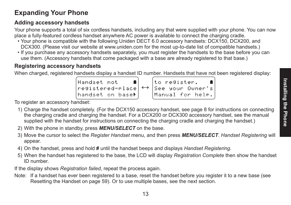 Expanding your phone, Adding accessory handsets, Registering accessory handsets | Expanding.your.phone | Uniden DECT1588 User Manual | Page 13 / 72