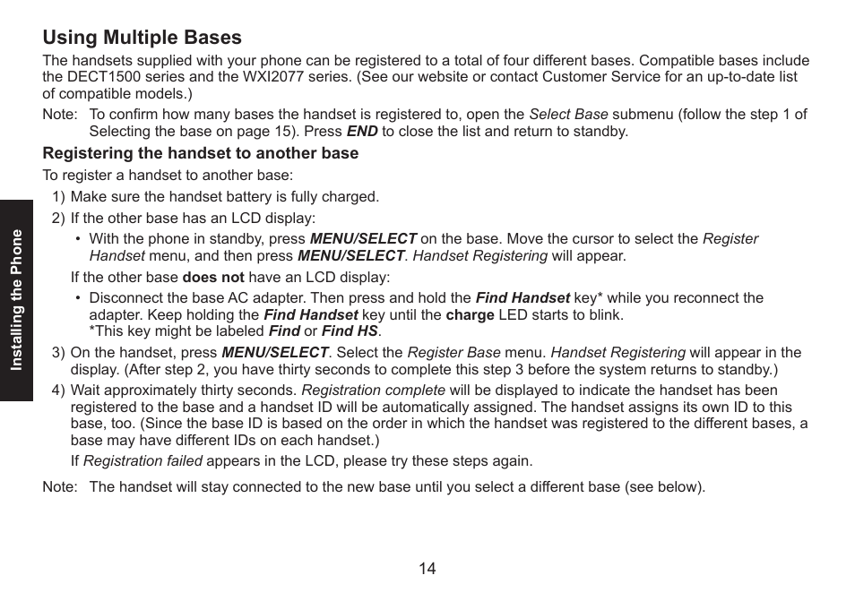 Using multiple bases, Registering the handset to another base, Using.multiple.bases | Registering.the.handset.to.another.base | Uniden DECT1588 User Manual | Page 14 / 72