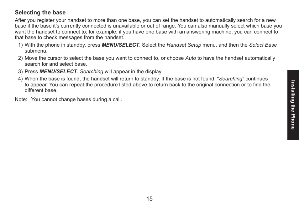 Selecting the base, Selecting.the.base | Uniden DECT1588 User Manual | Page 15 / 72