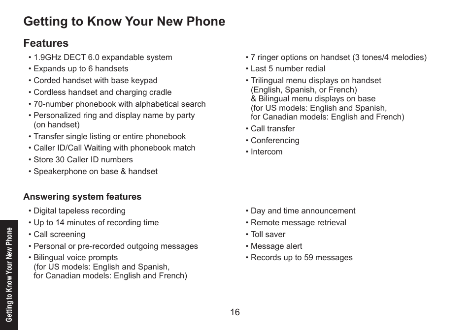 Getting to know your new phone, Features, Answering system features | Answering.system.features | Uniden DECT1588 User Manual | Page 16 / 72